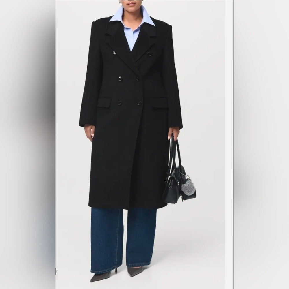 MNG By Mango Black Wool Double Breasted Long Trench Coat XS